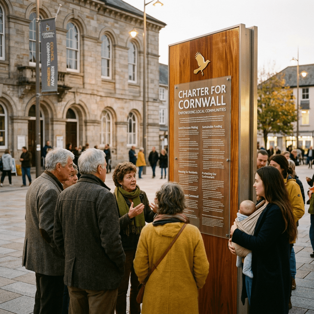 People gathered around a wooden signboard titled Charter for Cornwall in a public square