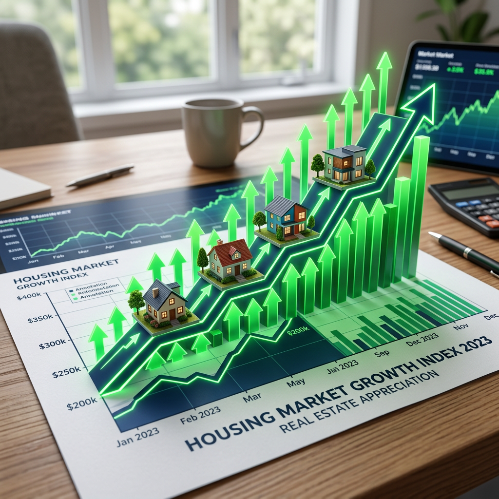 Housing market growth graph with green upward arrows and miniature houses representing rising real estate values