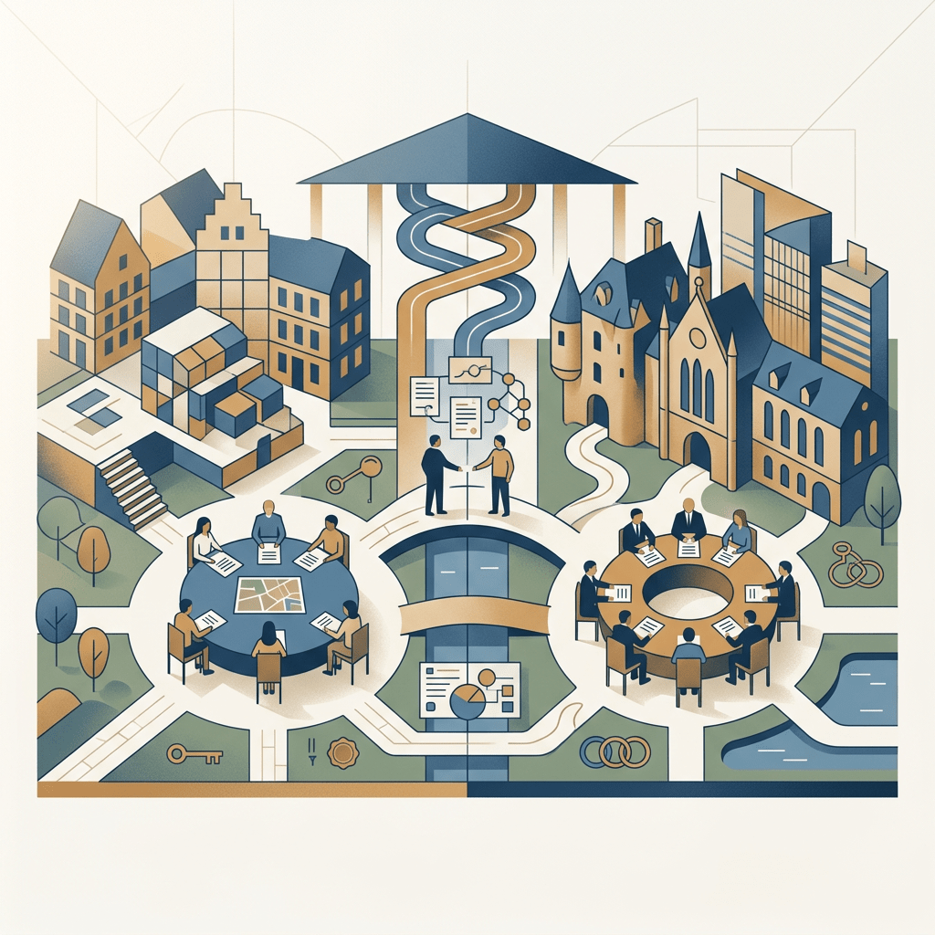 Illustrated community with buildings, pathways, documents, and collaborative meetings